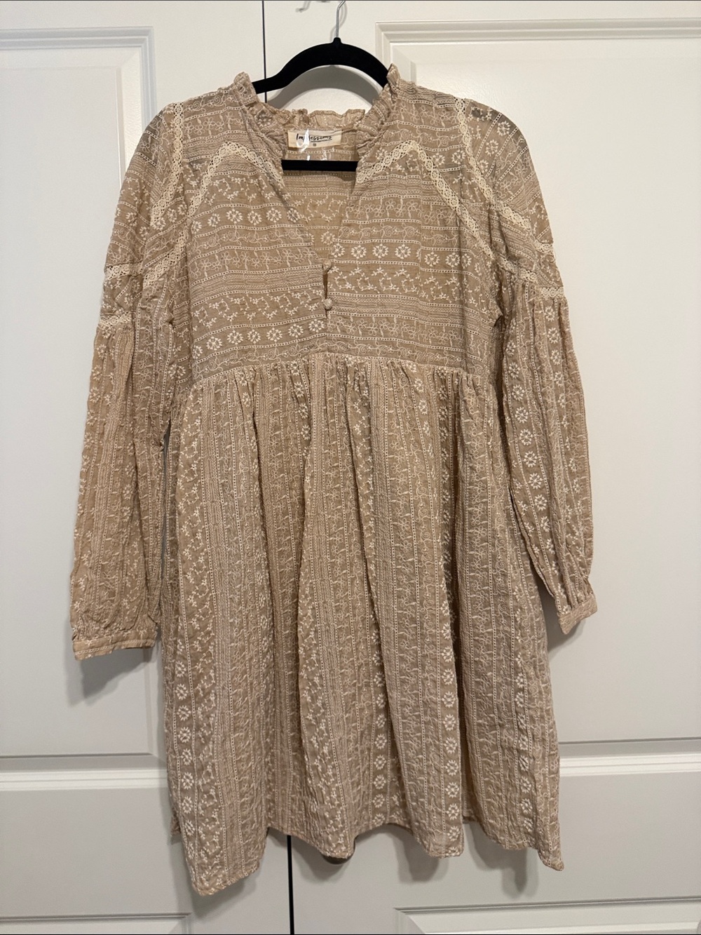 Impressions Beige Embroidered Long-Sleeve Midi Dress
